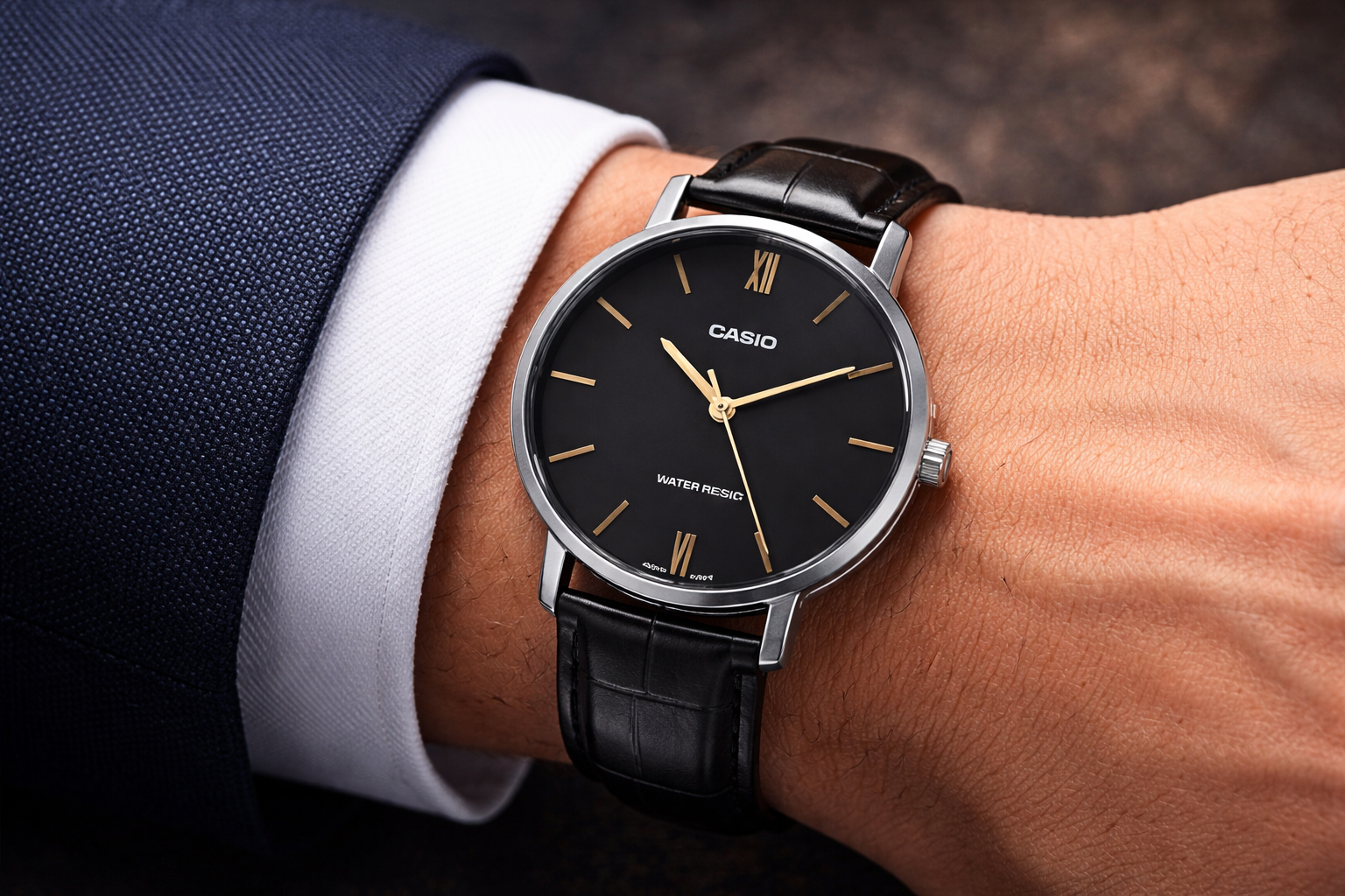 Montre Homme Casio Élégante – Bracelet Cuir Noir & Acier Inoxydable - Image 4
