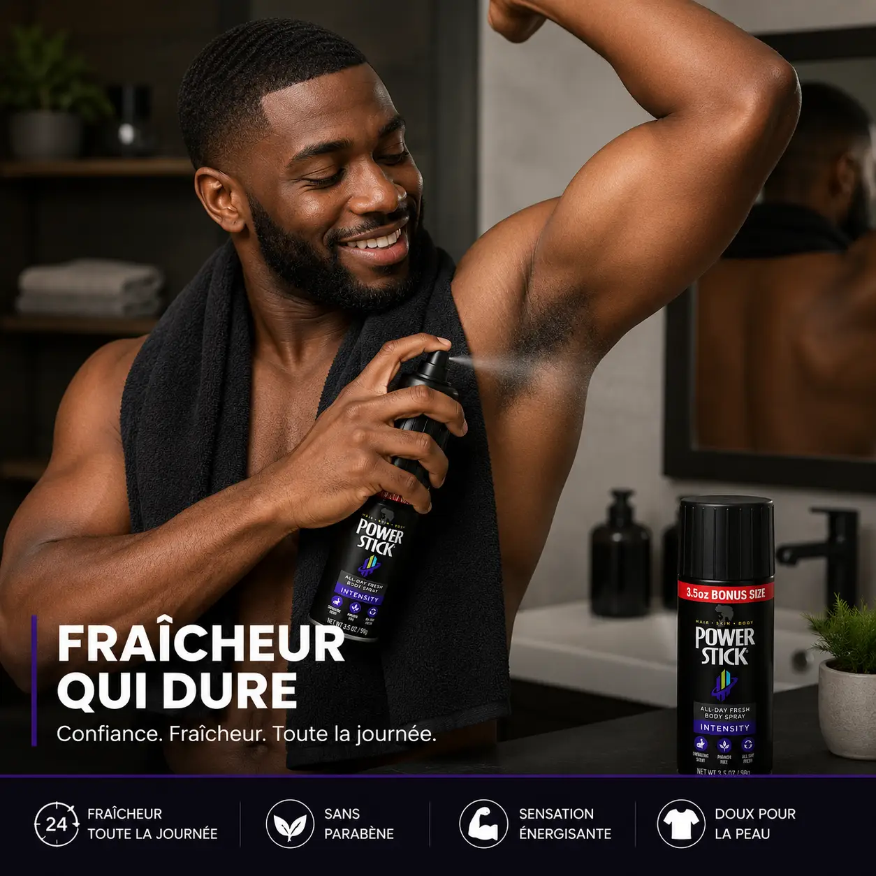 Deodorant Spray corporel HOMME Power Stick Alpine tember (104ML) bonne odeur et Fraîcheure intense toute la journée - Image 2