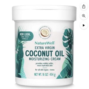 NatureWell – Crème Hydratante à l’Huile de Coco Vierge Extra. Sa formule riche aide à hydrater, adoucir et restaurer la peau sèche tout en laissant une sensation de douceur et de fraîcheur.