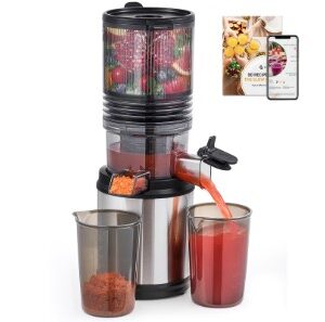 Extracteur de jus Sunmaki avec goulotte extra-large de 5,9 pouces – Presse à froid pour fruits et légumes entiers – Moteur silencieux, nettoyage facile – Argent