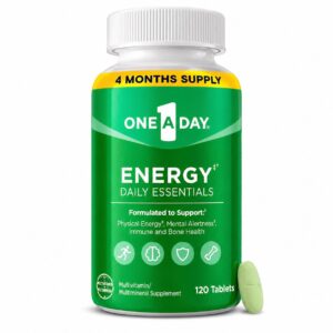 One A Day Energy Daily Essentials – Multivitamine, complément énergétique pour soutenir la vigilance mentale et la santé immunitaire, avec vitamines A, C, D, E, zinc et caféine – 120 comprimés