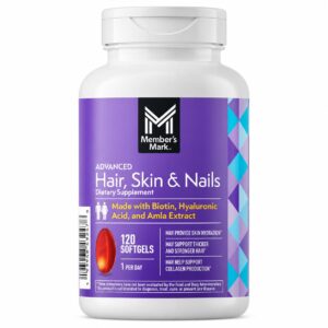Member's Mark – Gélules avancées HOMME/FEMME favorise l'hydratation de la peau et contribuer à la santé et à l'apparence globales des cheveux et des ongles.120 unités