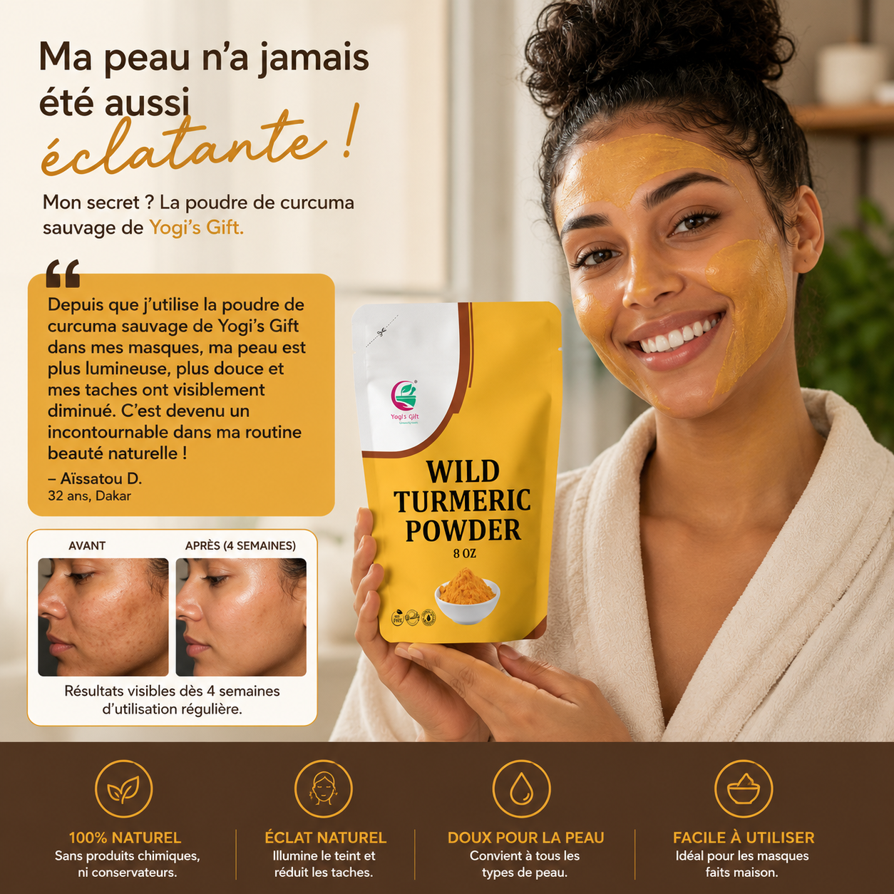 Poudre de curcuma sauvage 100 % pure pour le visage | 8 onces (227 grammes) | Kasturi Manjal | Curcuma Aromatique | Amba Haldi | Favorise une peau éclatante - Image 3