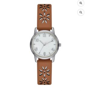 Montre analogique pour femmes Time and Tru : boîtier rond ton argent, accent en cristal sur cadran en nacre synthétique, bracelet perforé