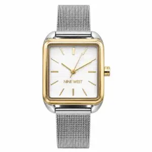 Montre femme Nine West élégante avec bracelet en maille métallique argentée et cadran carré blanc avec finition dorée.