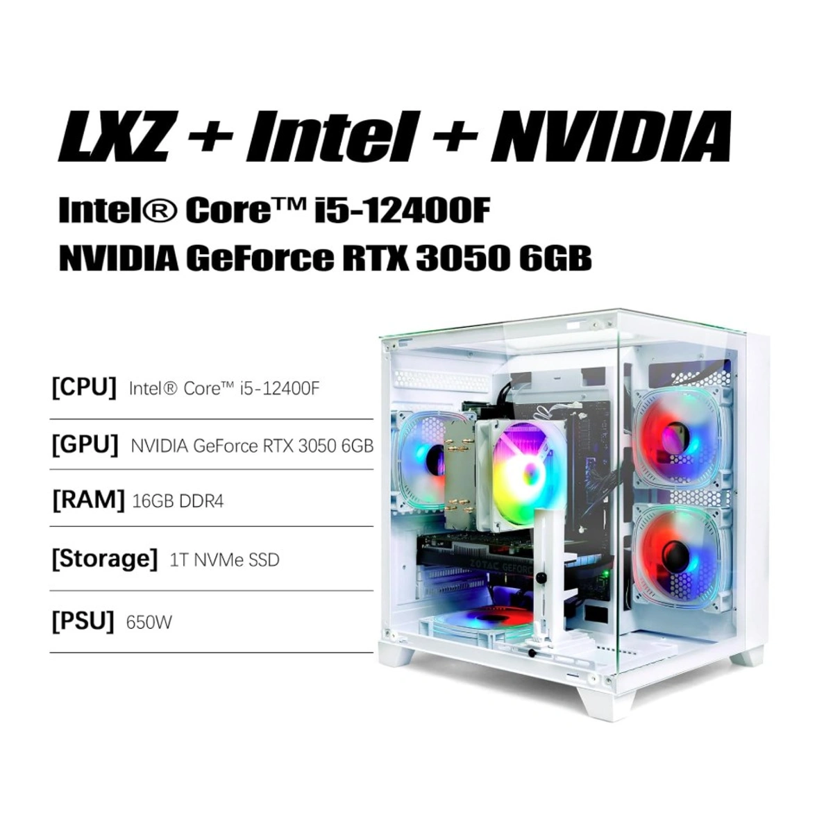 LXZ Gaming PC Desktop, I5-12400F, 2.5GHz, GeForce RTX 3050 6GB, 16GB DDR4 RAM, 1TB NVME SSD, for Gaming and Work, White - Image 4