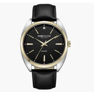 Kenneth Cole Montre HOMME avec bracelet en cuir Noire et diamants, 44 mm - 0,005 ct. Cadrant couleur or et atgent