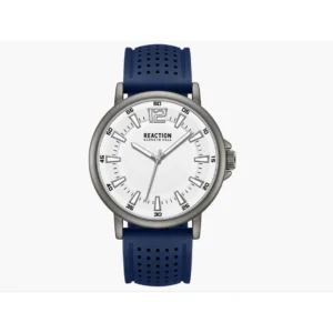 Montre HOMME avec bracelet en silicone bleu perforé, 44 mm Kenneth Cole Reaction, design sophistiqué d'une montre à trois aiguilles