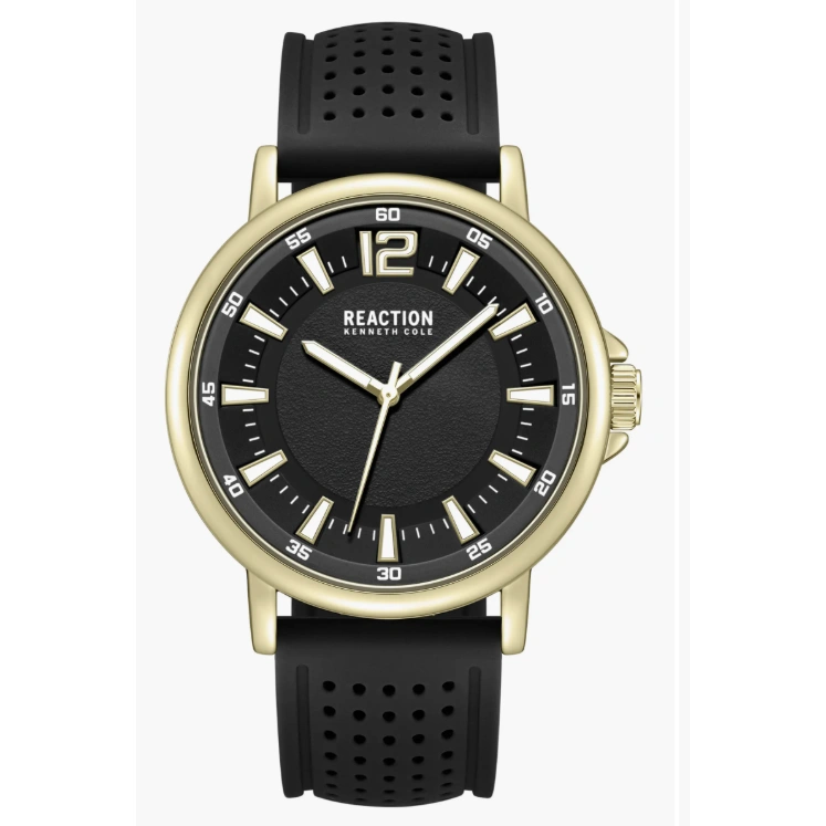Montre HOMME avec bracelet en silicone perforé, 44 mm Kenneth Cole Reaction, design sophistiqué d'une montre à trois aiguilles