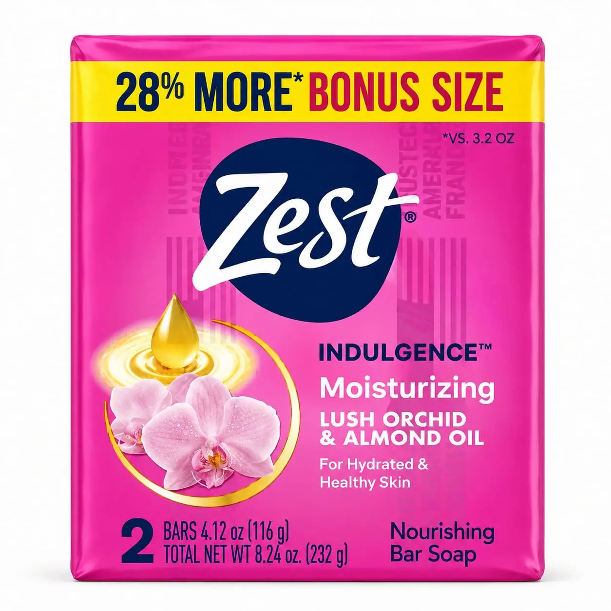 Savon en barre Zest Lush Orchid et huile d'amande, pacquet de 2 savons 2x116g Huile d'Amande et gardez votre peau bien hydratée et nourrie