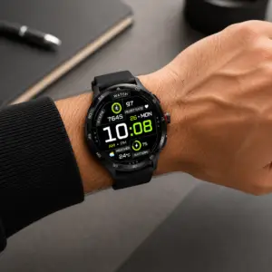 MOLOURK Montre connectée pour hommes HAUTE ELEGANCE avec 2 bracelets Silicone et Métal. COULEURE NOIRE