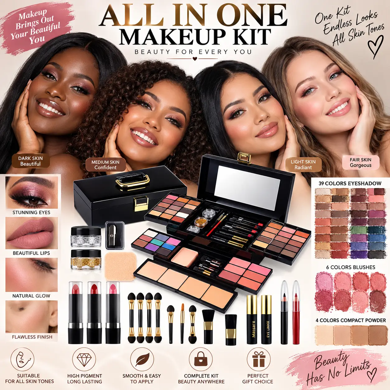 MORNECA Professional Makeup Kit – Coffret Maquillage Complet 58 Couleurs avec Miroir