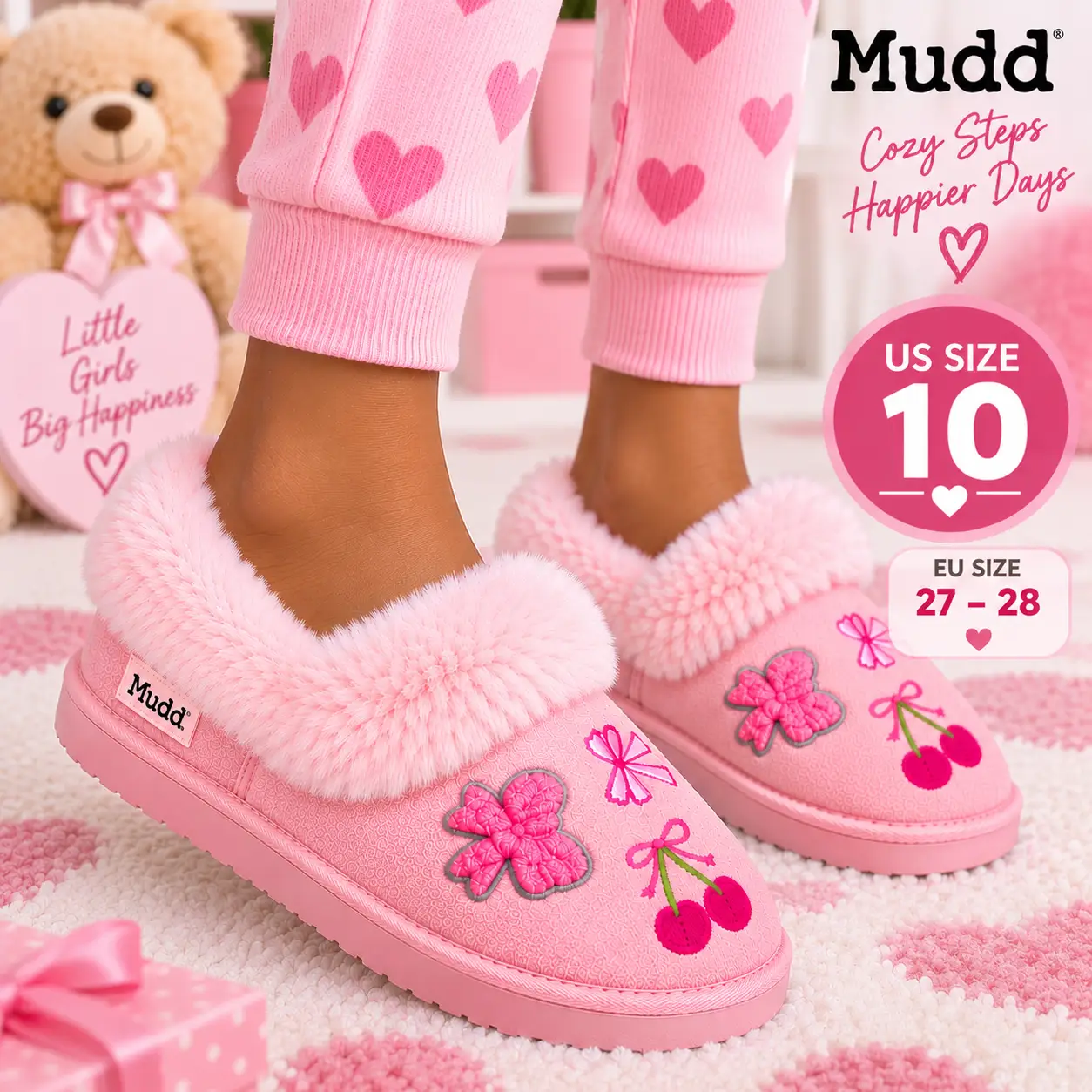 Mudd – Pantoufles Fourrées Roses pour Fille – Maison & Sorties – Taille US 10 Adaptées aux pointures EU 27 et 28