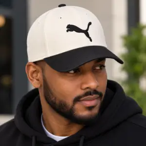 Casquette PUMA – Blanche avec Visière Noire logo PUMA brodé sur le devant.