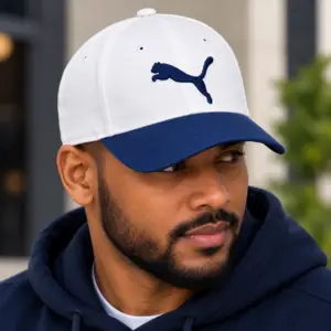 Casquette PUMA – Blanche avec Visière Bleu Marine logo PUMA brodé sur le devant.