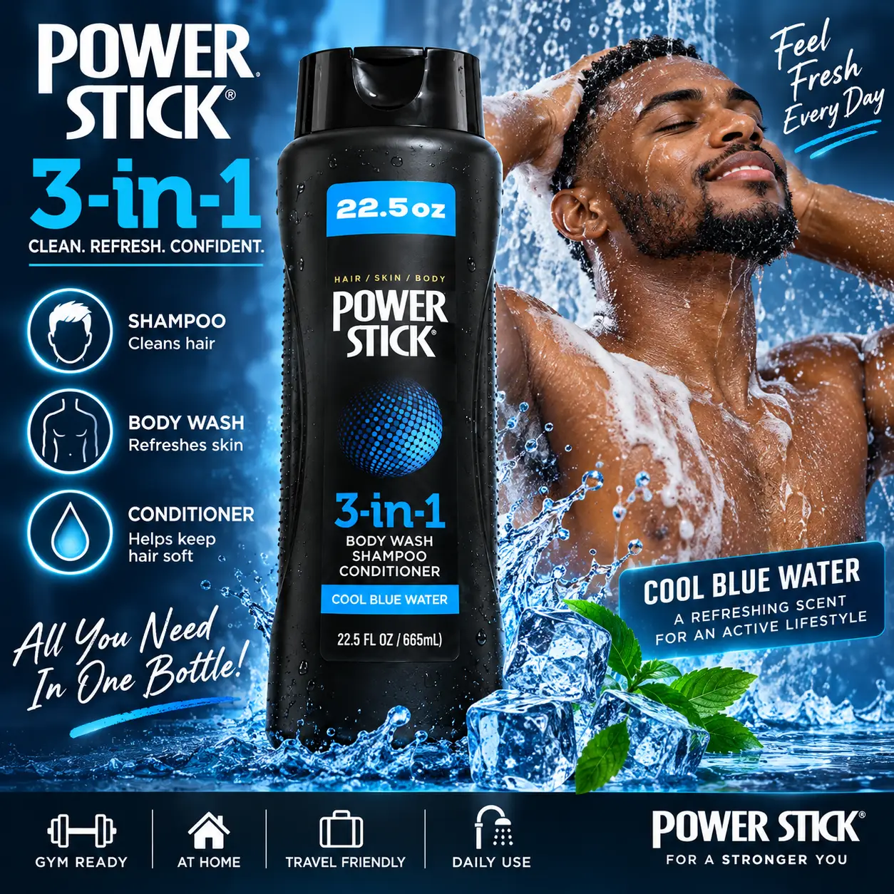Power Stick 3-en-1 Homme – Gel Douche, Shampoo & Conditioner – Cool Blue Water – 665 mL