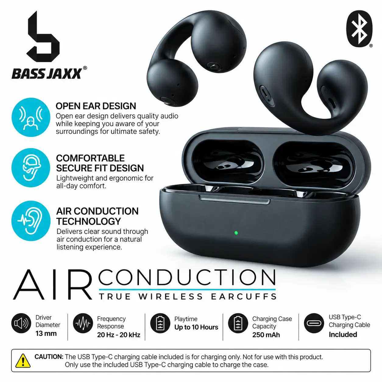 Écouteurs Bluetooth Open-Ear Air Conduction – True Wireless Earcuffs – Noir - Image 3