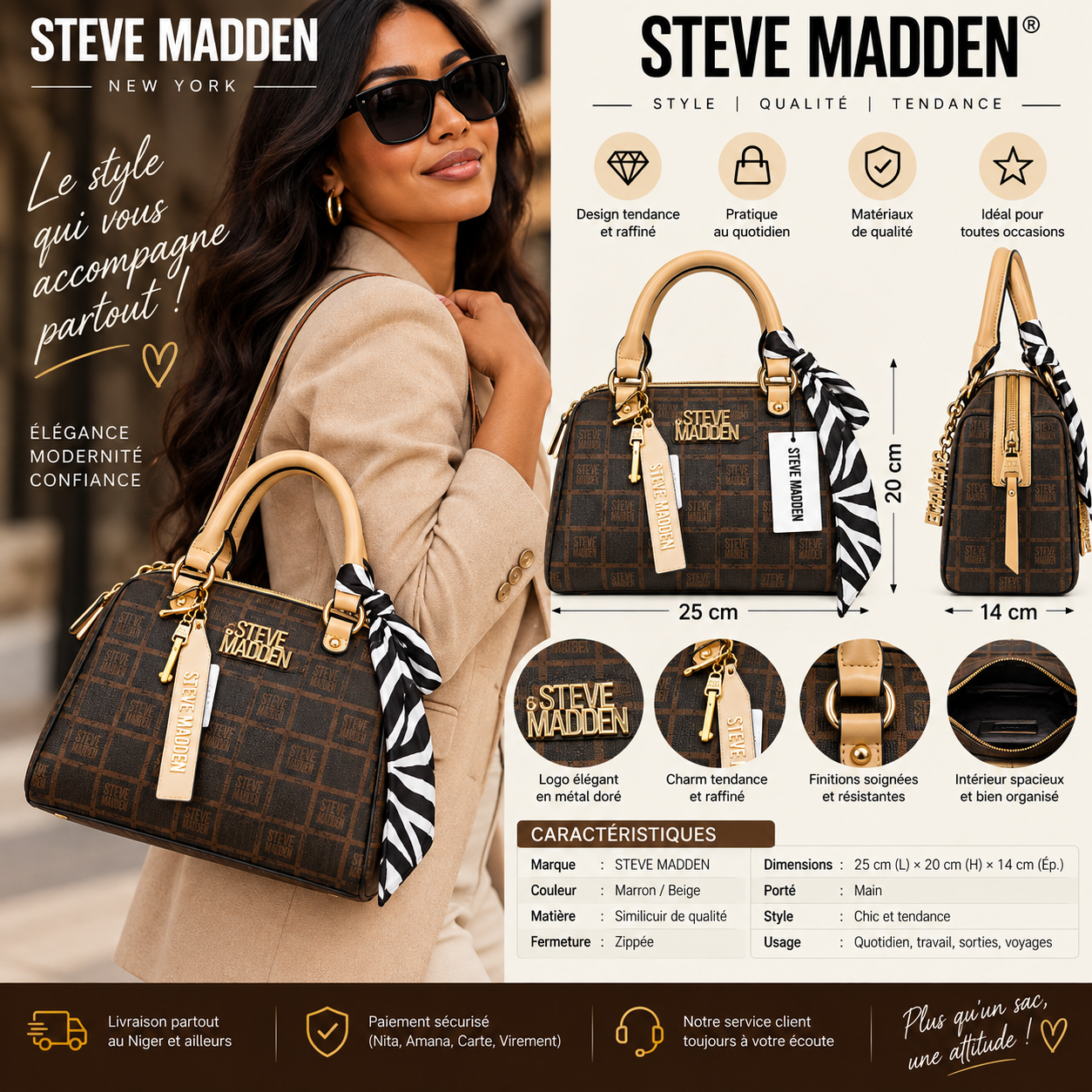 Sac à main STEVE MADDEN – Marron & Beige - Image 4
