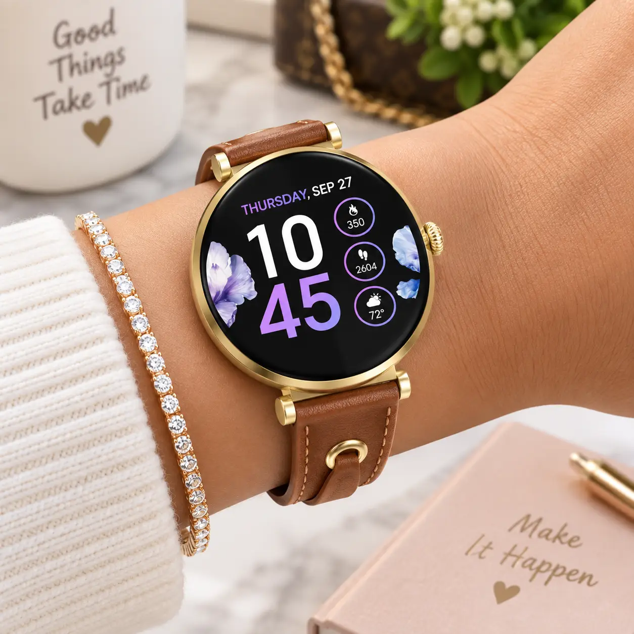 Montre Connectée iTOUCH Bloom – Or & Bracelet Cuir Marron CODE C