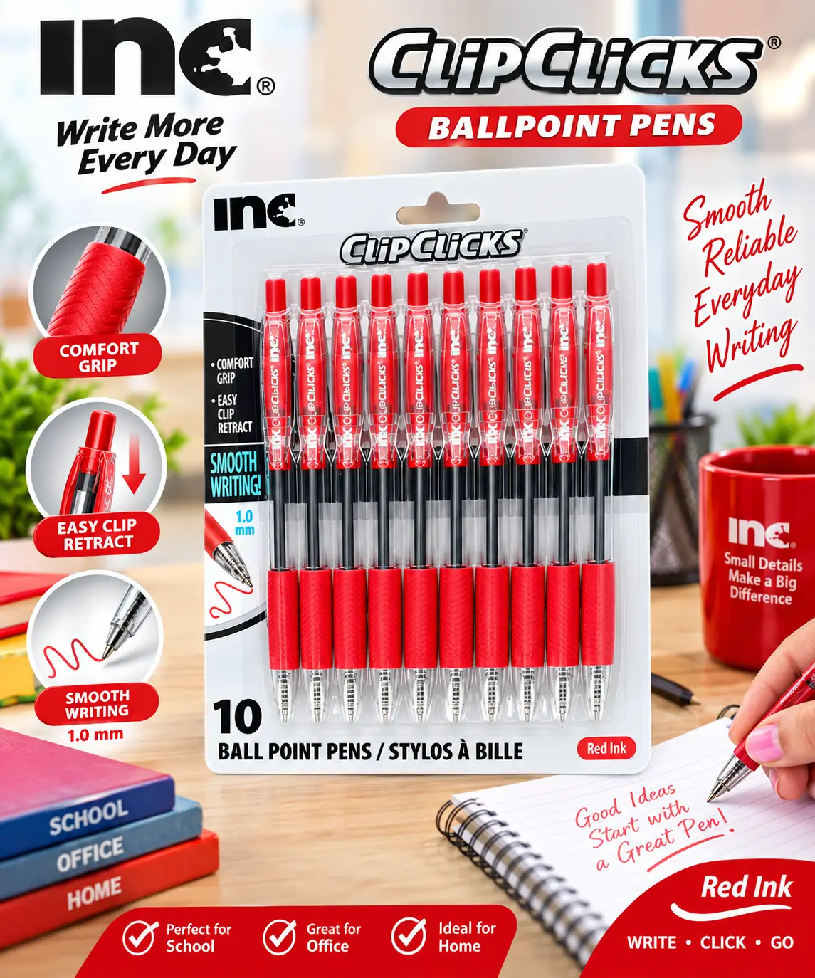 Stylos à bille rouge Clipclicks Inc., paquet de 10. Profitez d'une écriture fluide et sans effort