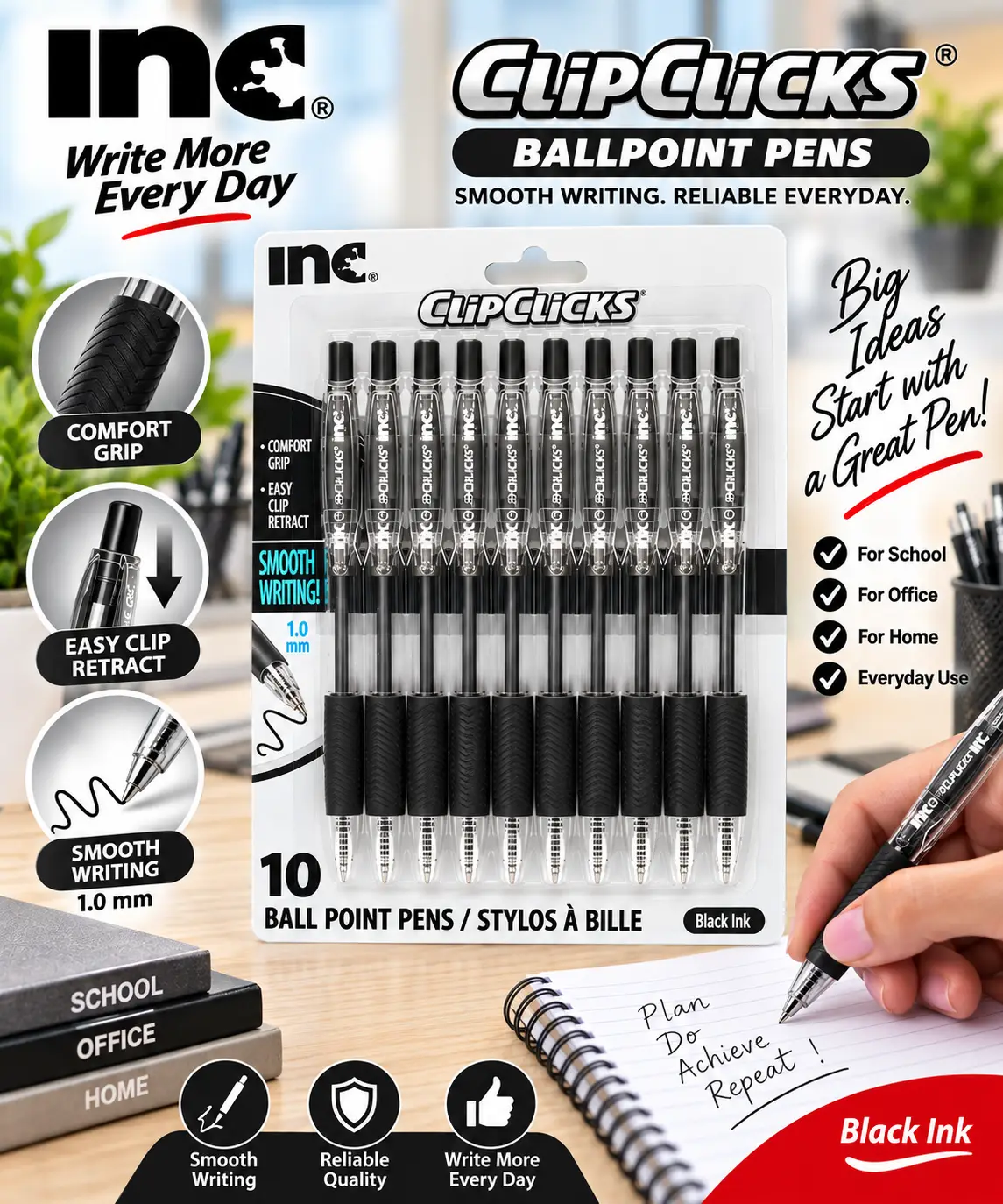 Stylos à bille noire Clipclicks Inc., paquet de 10. Profitez d'une écriture fluide et sans effort