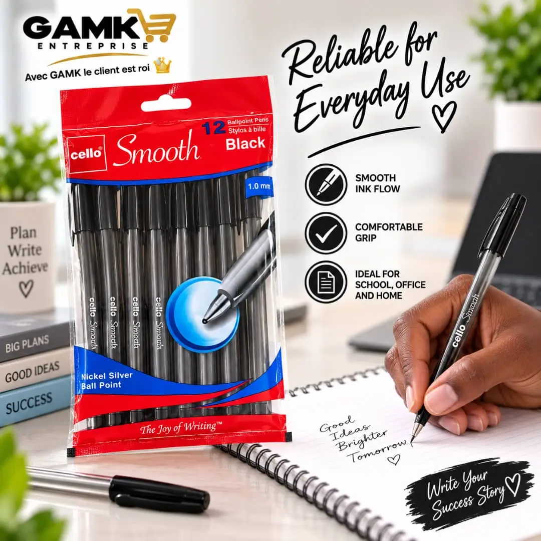 Cello Smooth – Stylos à Bille NOIRE 1.0 mm, Pack de 12