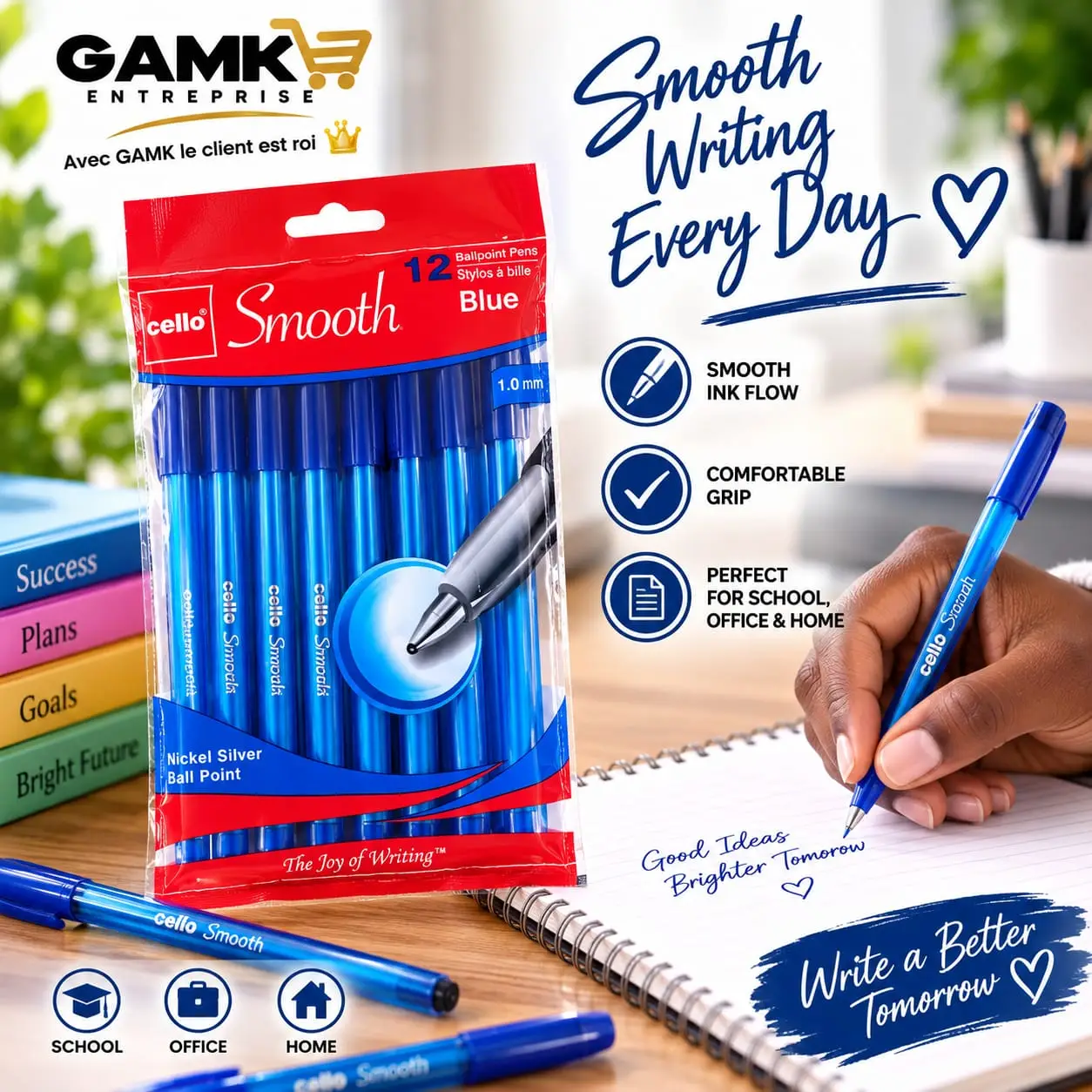 Cello Smooth – Stylos à Bille Bleus 1.0 mm, Pack de 12
