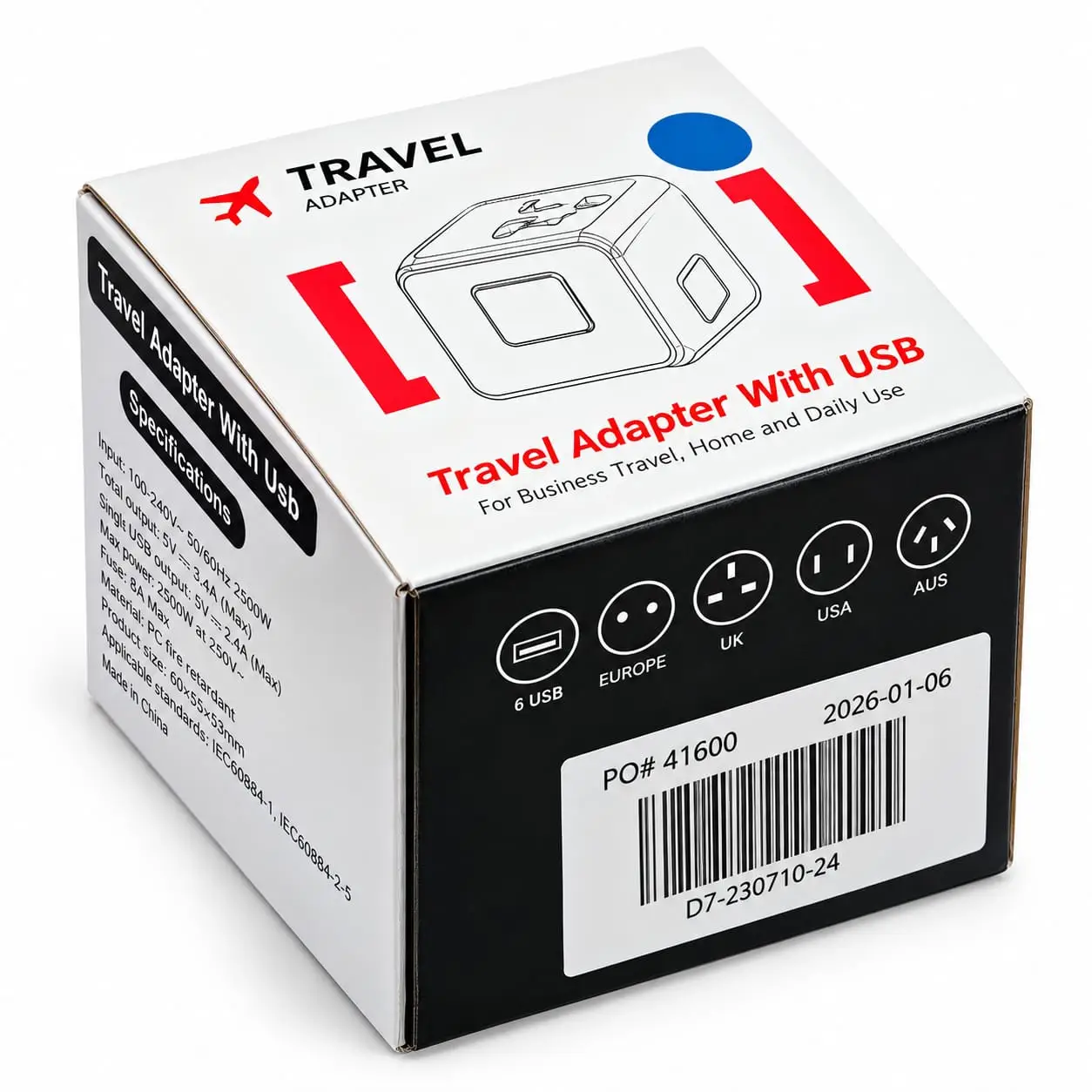 Adaptateur de voyage universel international – USB-C + 3 ports USB-A. Couleure Bleue - Image 7