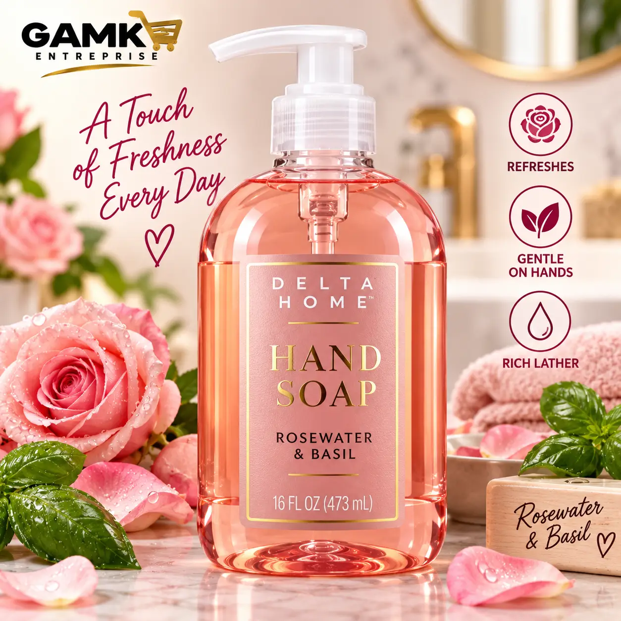 Delta Home Savon Liquide pour les Mains – Rosewater & Basil – 473 mL - Image 2