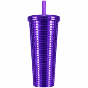 Gourde Tumbler Texturée en Plastique Solide avec Paille – Violet brillant 650ml