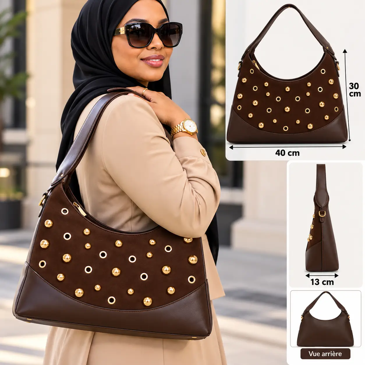 Sac à main femme LE BAG marron CAFE grand format avec clous et œillets dorés - Image 6