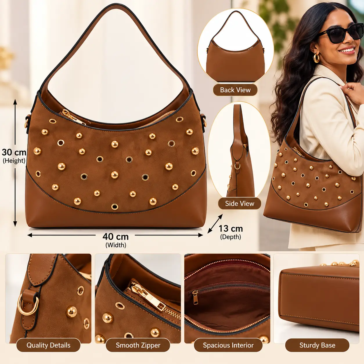 Sac à main femme LE BAG marron grand format avec détails dorés - Image 4