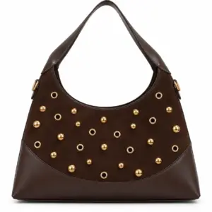 Sac à main femme LE BAG marron CAFE grand format avec clous et œillets dorés