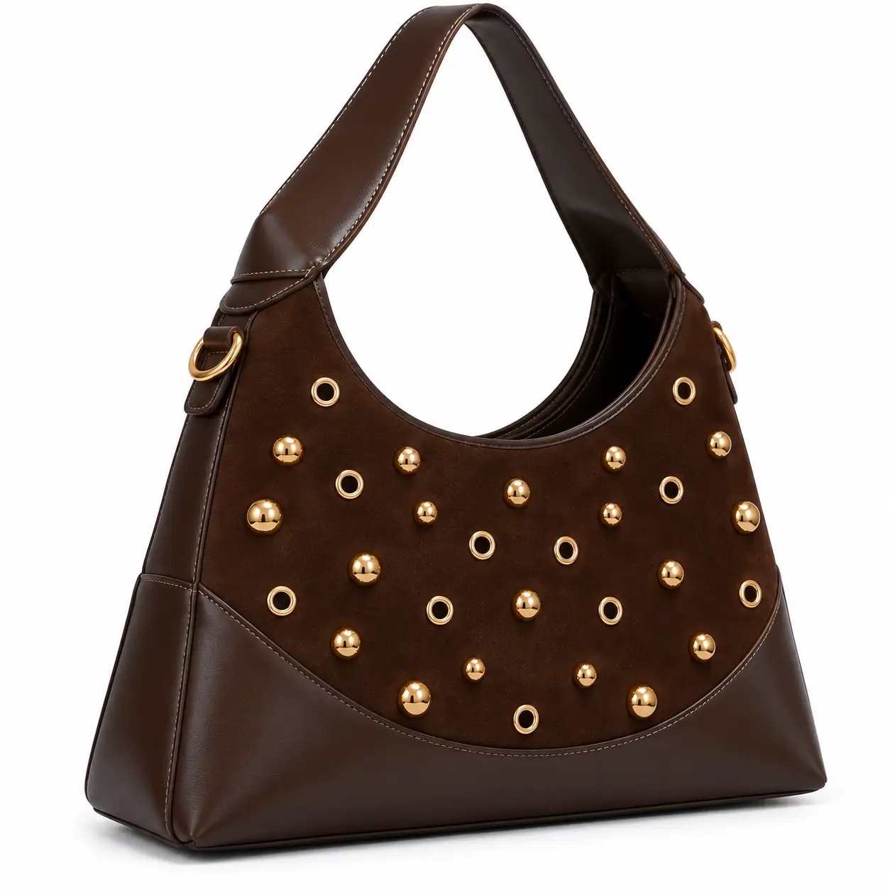 Sac à main femme LE BAG marron CAFE grand format avec clous et œillets dorés - Image 5