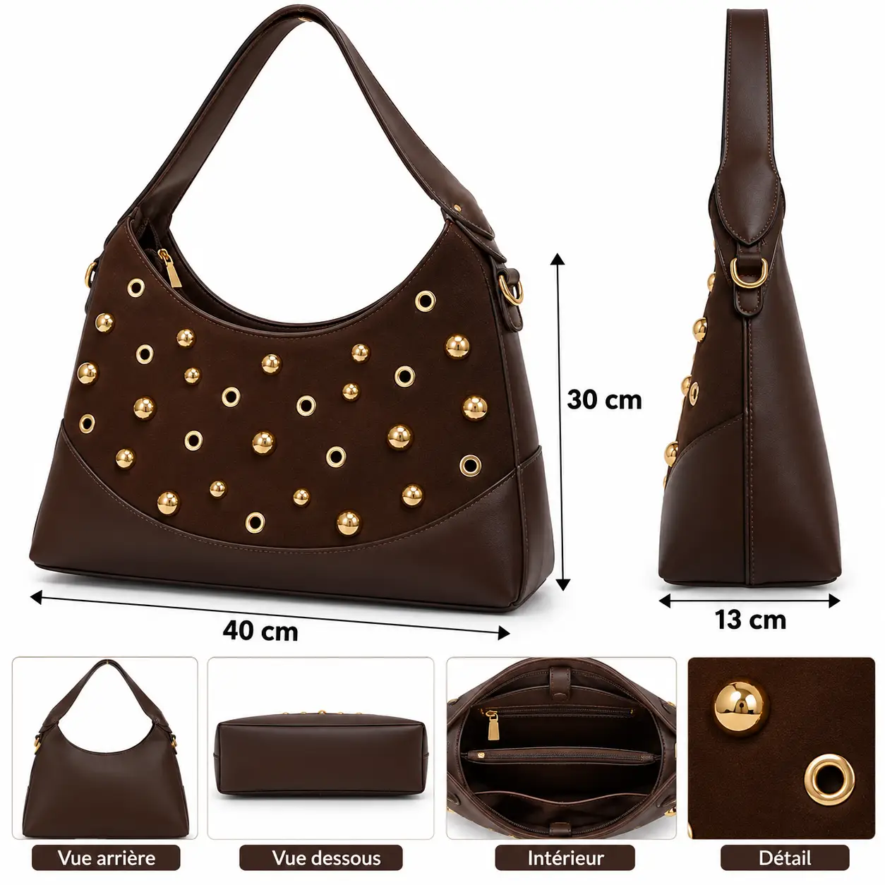 Sac à main femme LE BAG marron CAFE grand format avec clous et œillets dorés - Image 2