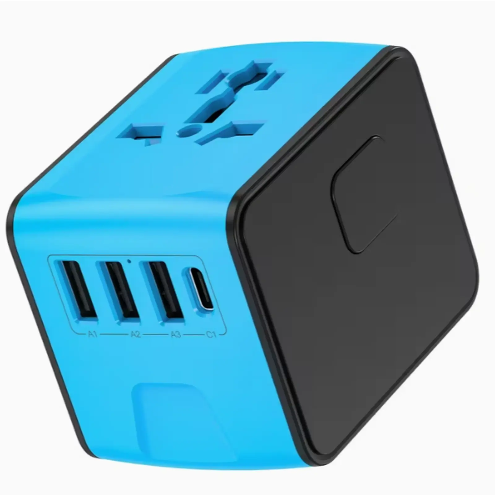 Adaptateur de voyage universel international – USB-C + 3 ports USB-A. Couleure Bleue