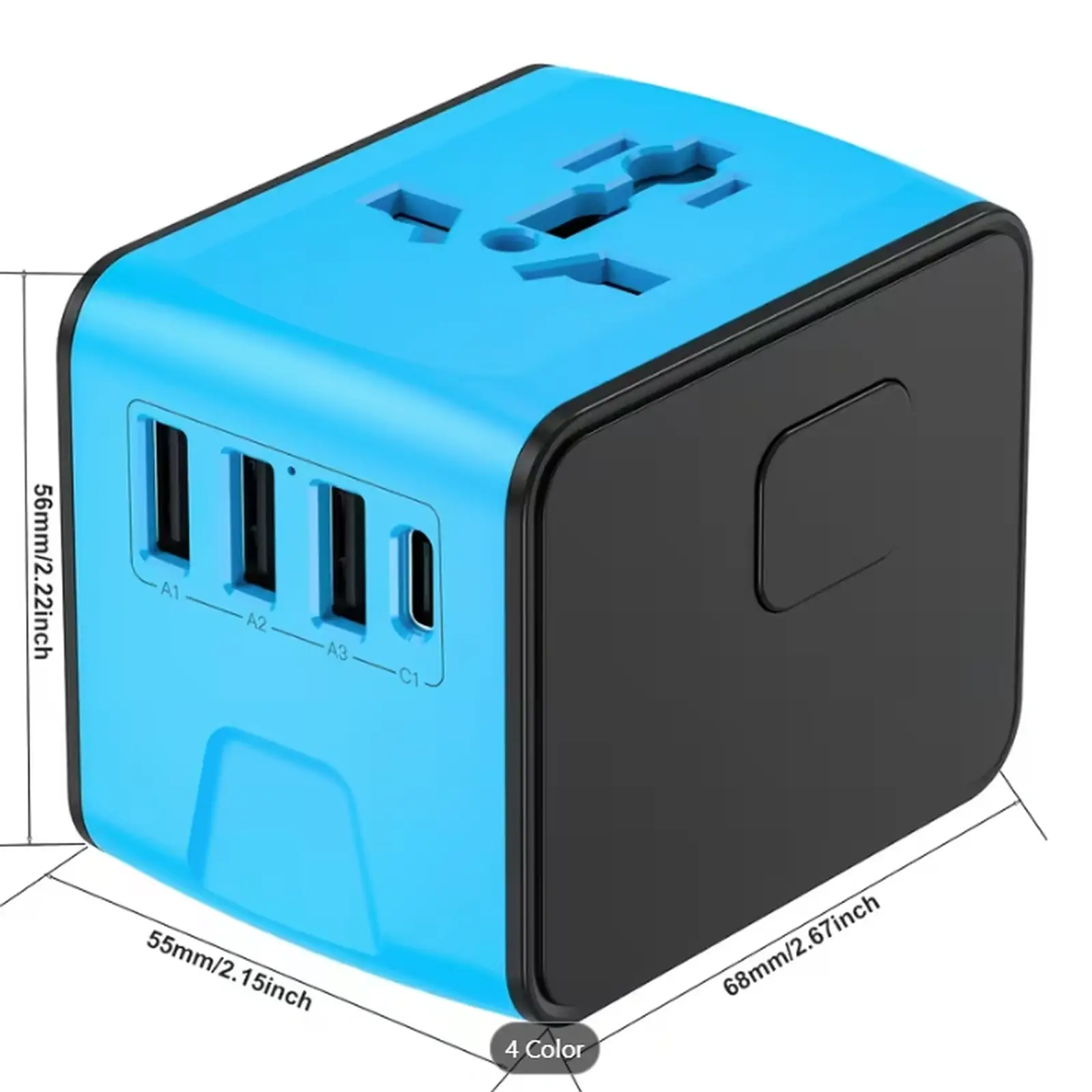 Adaptateur de voyage universel international – USB-C + 3 ports USB-A. Couleure Bleue - Image 3
