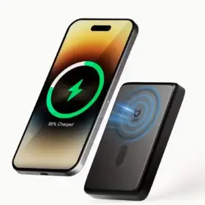 MAGNETIC Batterie externe portable 10 000 mAh | Charge rapide 22,5 W, 2 câbles intégrés (USB-C) et support