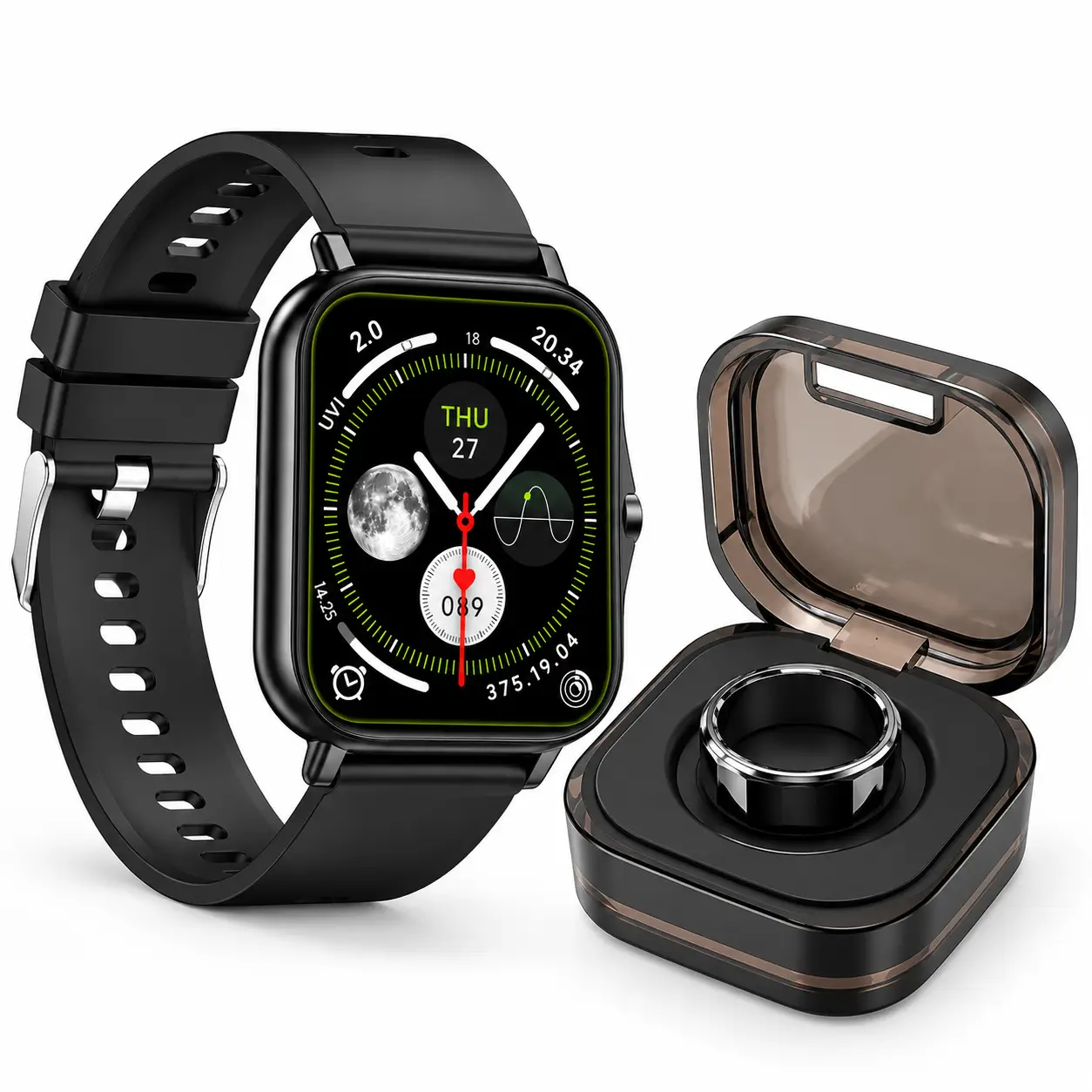 PURSONIC Pack de Montre Connectée & Bague Wellness – Noire