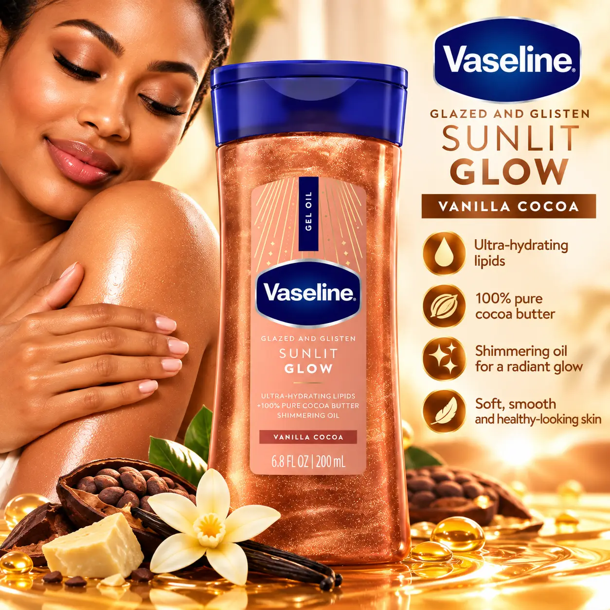 Vaseline Sunlit Glow Shimmer Gel Oil – Vanilla Cocoa – 200 mL - Image 2