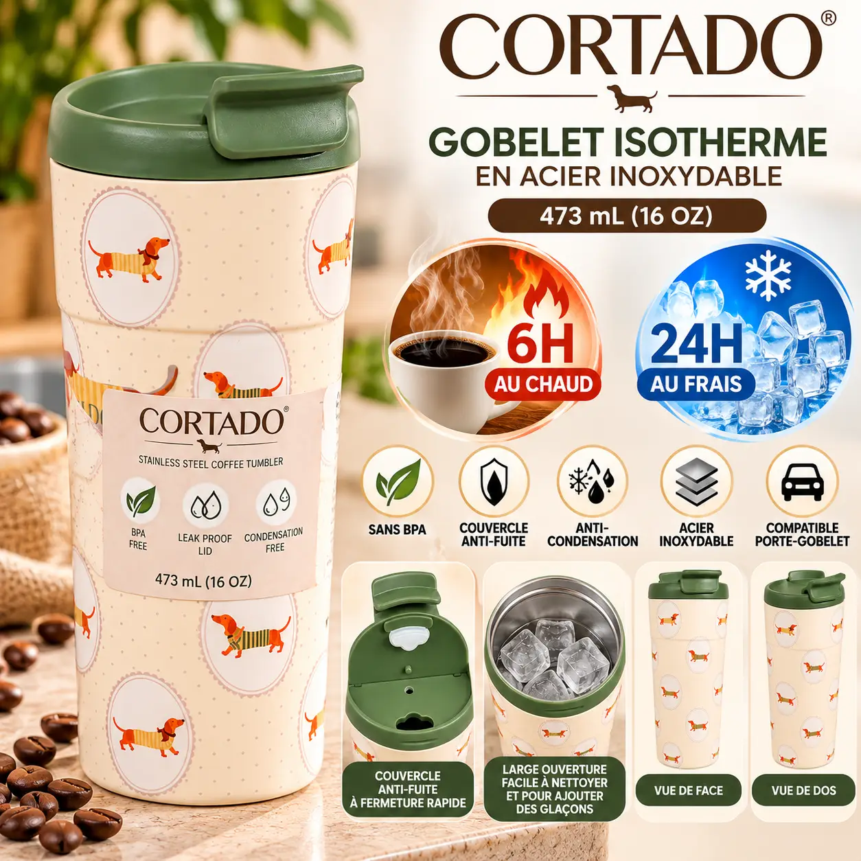 CORTADO Gobelet isotherme en acier inoxydable (6h au chad et 24h au frais) 473 ml - Image 4