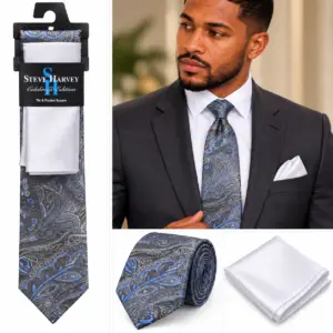 Steve Harvey Celebration Edition – Ensemble Cravate & Pochette Homme – Bleu & Gris